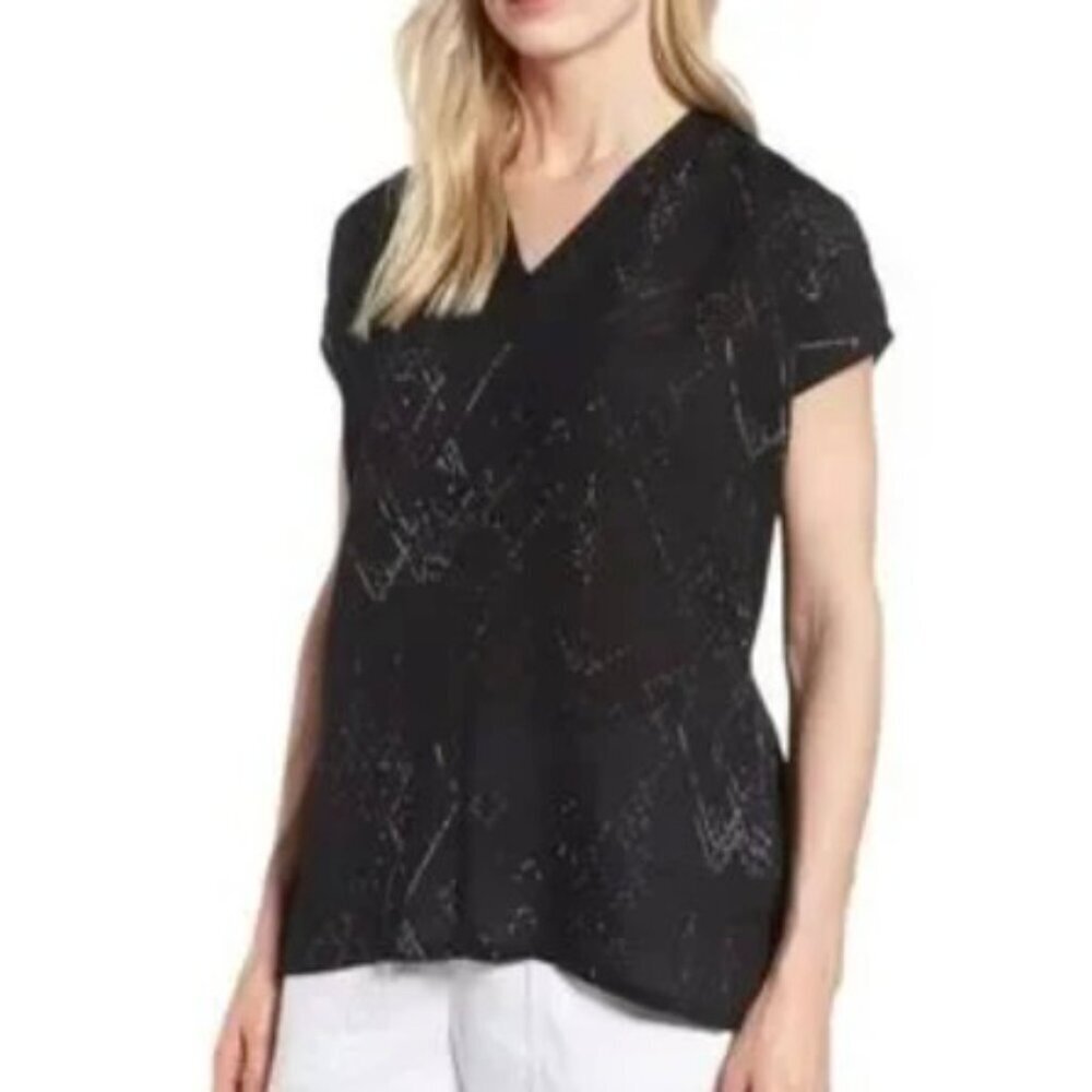 EILEEN FISHER MARRAKESH Black White Print V-Neck Silk/Tencel Cap Sleeve Top US S